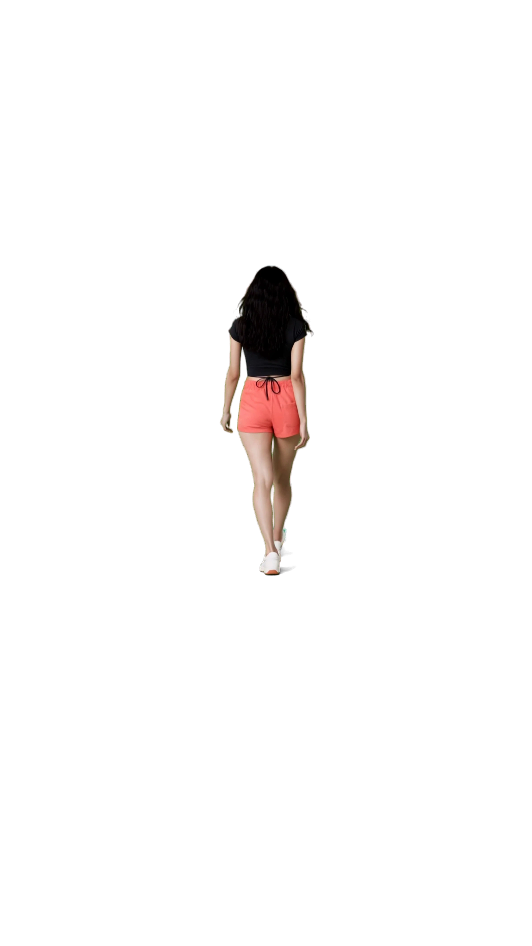 Back view of a model wearing a black cropped tee and coral shorts