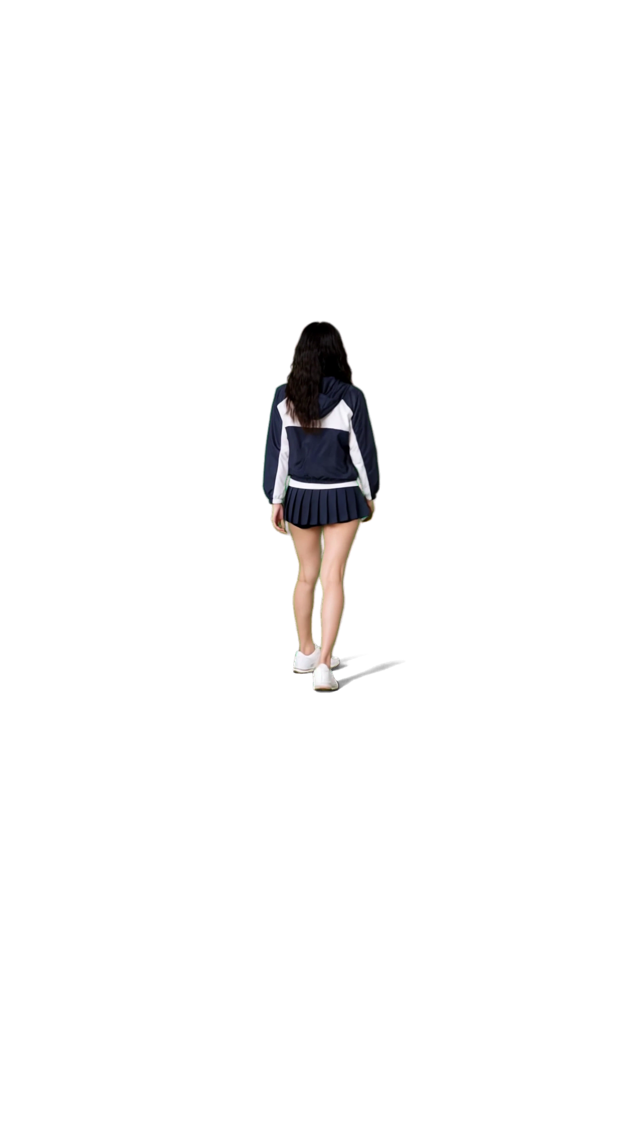 Back view of a model wearing a dark and white windbreaker and pleated skirt
