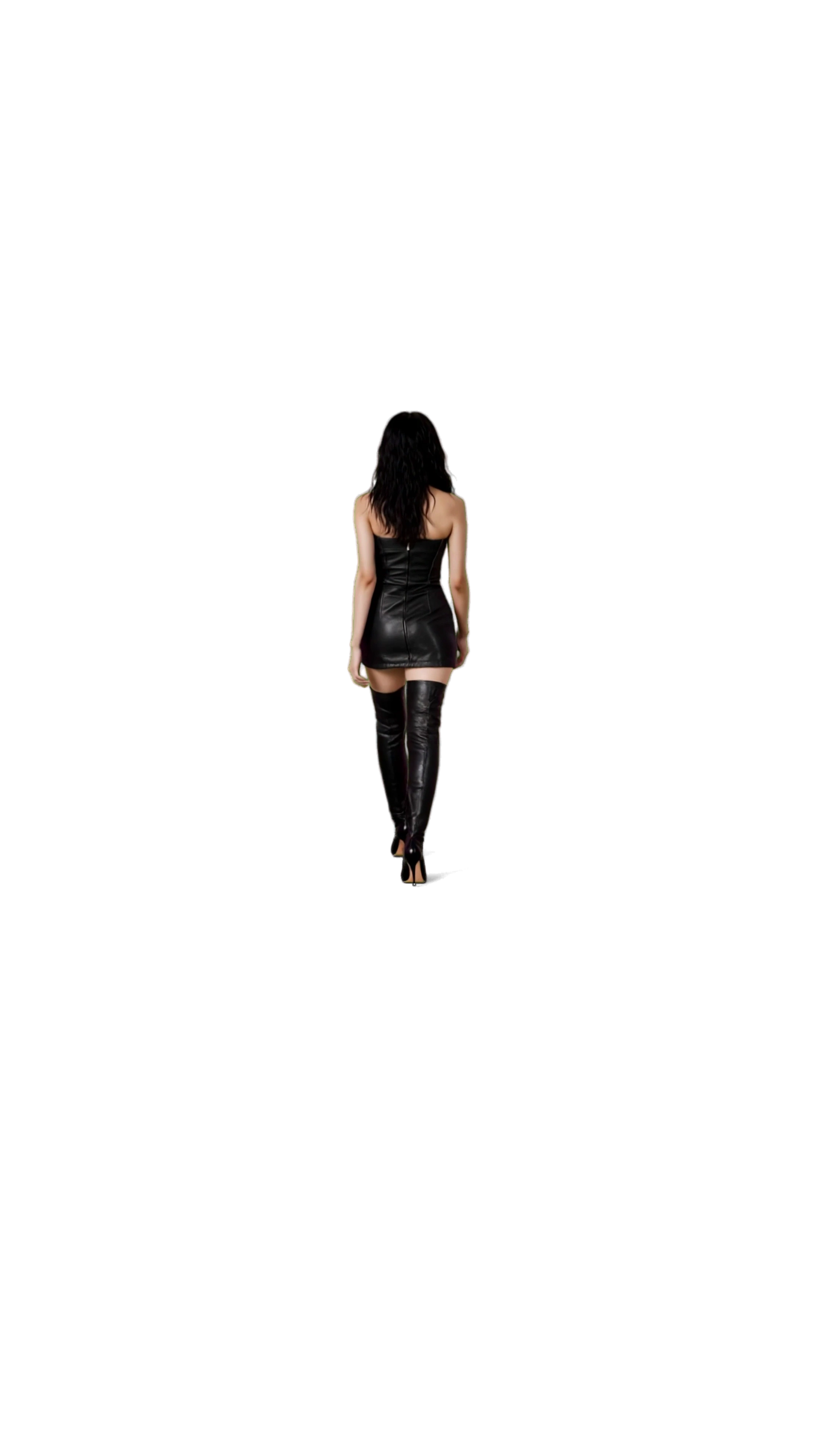 Back view of a model wearing a black leather dress and tall boots