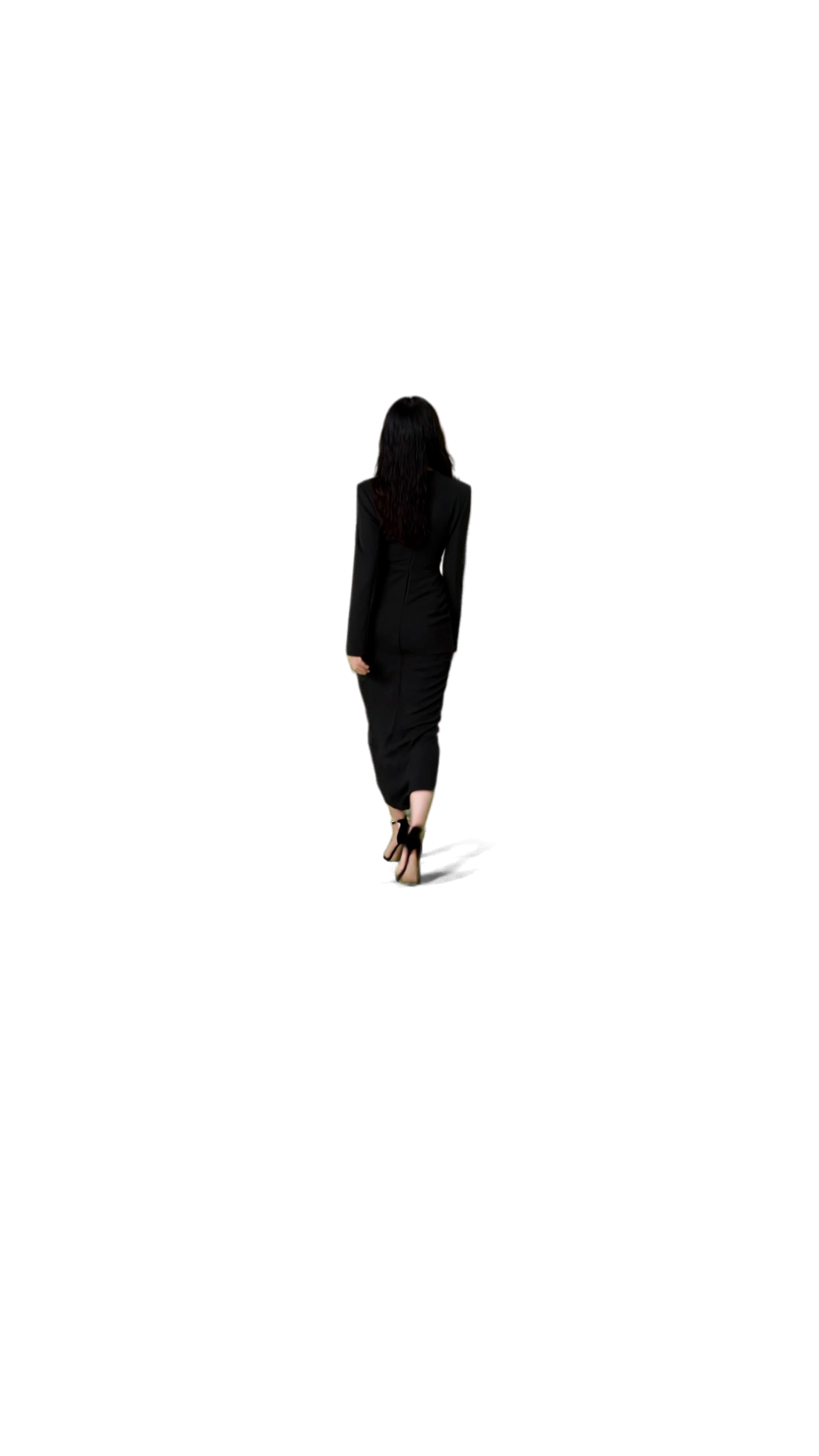 Back view of the Silence model in a black wrap maxi dress and 9 cm heels