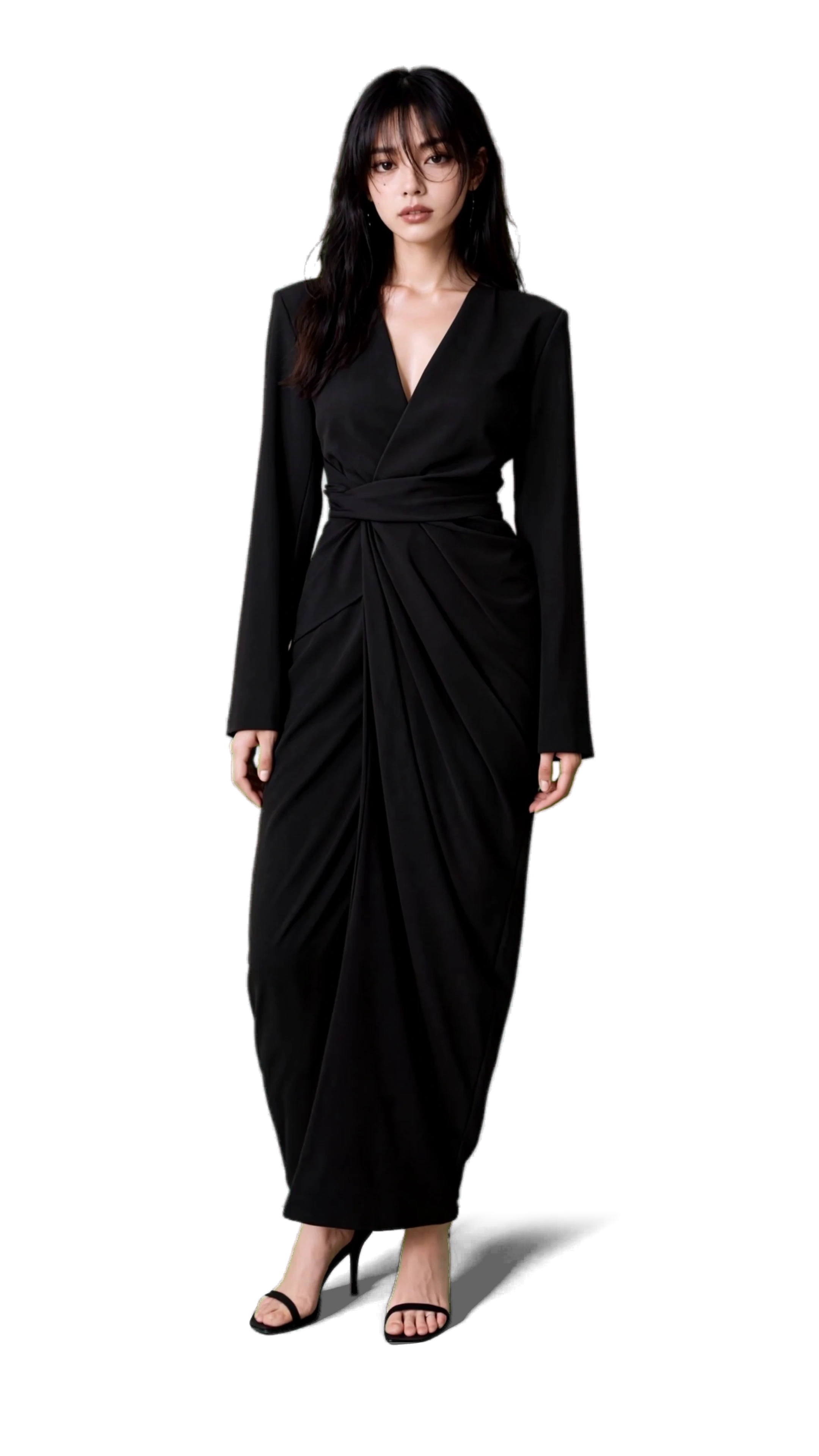 Silence is Loud black wrap maxi dress and heels